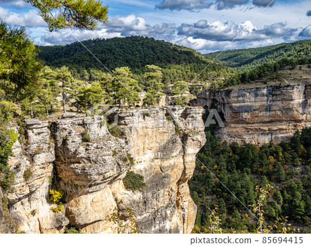 Panoramic view of the Serrania de Cuenca at Una in Spain. Hiking trails La Raya and El Escaleron in Una Panoramic view of the Serrania de Cuenca at Una in Spain. Hiking trails La Raya and El Escaleron in Una 85694415