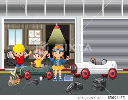 Children repairing a car together in the garage Children repairing a car together in the garage 85694455