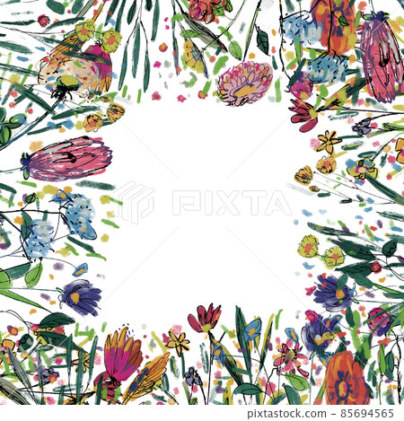 Greeting card with watercolor flowers. Abstract floral frame. Botanical hand drawn border. 85694565