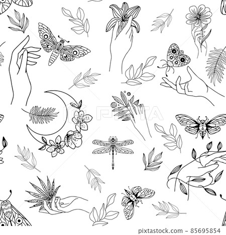 Background of leaves, hands, butterflies and dragonflies. 85695854