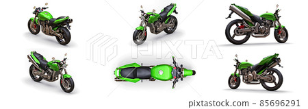 Set green urban sport two-seater motorcycle on a white background. 3d illustration. 85696291