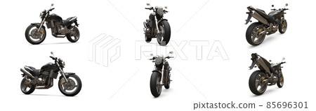 Set black urban sport two-seater motorcycle on a white background. 3d illustration. 85696301