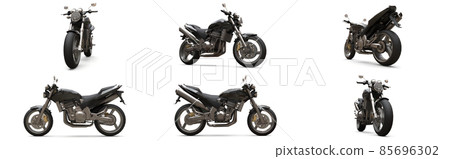 Set black urban sport two-seater motorcycle on a white background. 3d illustration. 85696302