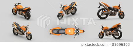 Set orange urban sport two-seater motorcycle on a gray background. 3d illustration. 85696303