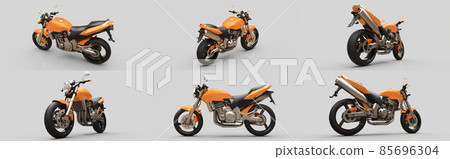 Set orange urban sport two-seater motorcycle on a gray background. 3d illustration. 85696304