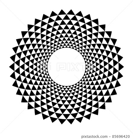 Circular area with triangular pattern. Circle frame, made of spiral like arranged triangles. Decorative, round border with serrated and triangle checkered pattern. Black and white illustration. Vector 85696420