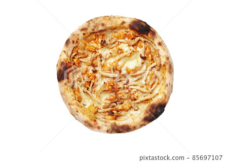 Top view of pizza with Buffalo chicken and mushrooms on creamy cheese sauce Top view of pizza with Buffalo chicken and mushrooms on creamy cheese sauce 85697107