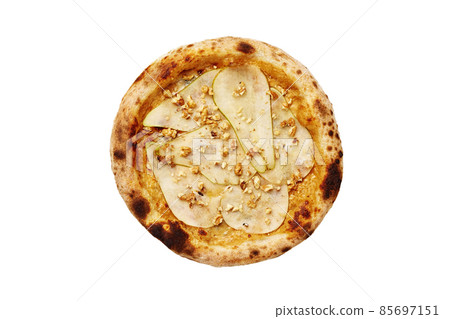 Top view of pizza with gorgonzola, pear and walnuts isolated on white background Top view of pizza with gorgonzola, pear and walnuts isolated on white background 85697151