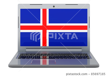 Icelandic flag on laptop screen. 3D illustration Icelandic flag on laptop screen. 3D illustration 85697185