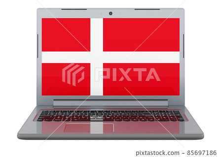 Danish flag on laptop screen. 3D illustration Danish flag on laptop screen. 3D illustration 85697186