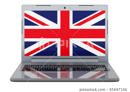 British flag on laptop screen. 3D illustration British flag on laptop screen. 3D illustration 85697188