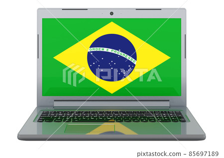 Brazilian flag on laptop screen. 3D illustration Brazilian flag on laptop screen. 3D illustration 85697189