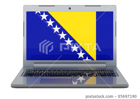 Bosnian and Herzegovinan flag on laptop screen. 3D illustration Bosnian and Herzegovinan flag on laptop screen. 3D illustration 85697190