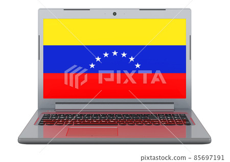 Venezuelan flag on laptop screen. 3D illustration Venezuelan flag on laptop screen. 3D illustration 85697191