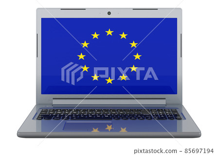 The EU flag on laptop screen. 3D illustratio The EU flag on laptop screen. 3D illustratio 85697194