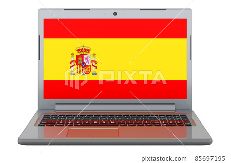 Spanish flag on laptop screen. 3D illustration Spanish flag on laptop screen. 3D illustration 85697195