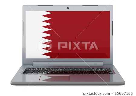Qatari flag on laptop screen. 3D illustration Qatari flag on laptop screen. 3D illustration 85697196