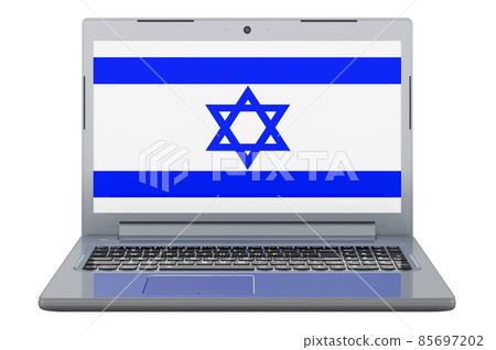 Israeli flag on laptop screen. 3D illustration Israeli flag on laptop screen. 3D illustration 85697202