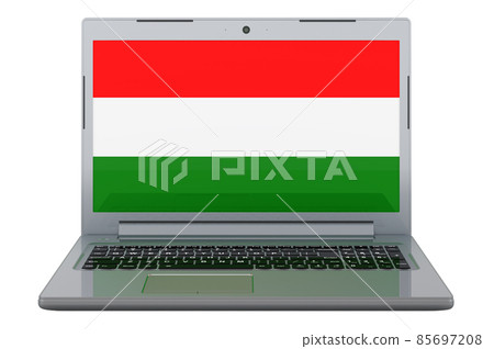 Hungarian flag on laptop screen. 3D illustration Hungarian flag on laptop screen. 3D illustration 85697208
