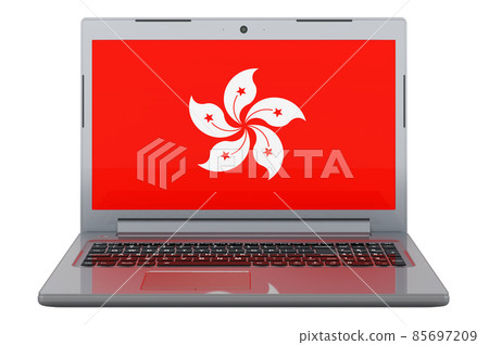 Hong Kong flag on laptop screen. 3D illustration Hong Kong flag on laptop screen. 3D illustration 85697209