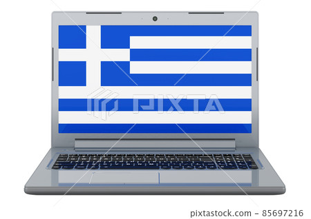 Greek flag on laptop screen. 3D illustration 85697216