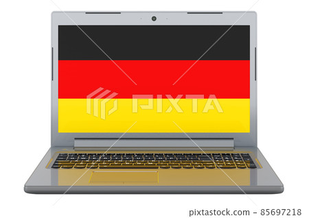 German flag on laptop screen. 3D illustration German flag on laptop screen. 3D illustration 85697218