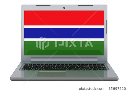 Gambia flag on laptop screen. 3D illustration Gambia flag on laptop screen. 3D illustration 85697220