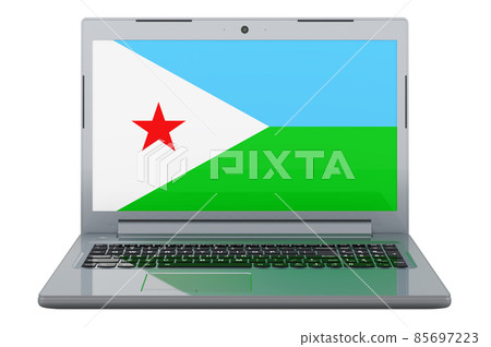 Djiboutian flag on laptop screen. 3D illustration Djiboutian flag on laptop screen. 3D illustration 85697223