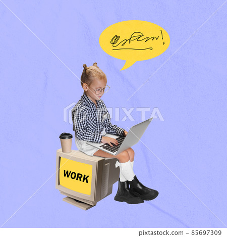 Creative modern design. Contemporary art collage. Little girl pretending to be office worker typing on laptop isolated over purple background Creative modern design. Contemporary art collage. Little girl pretending to be office worker typing on laptop isolated over purple background 85697309