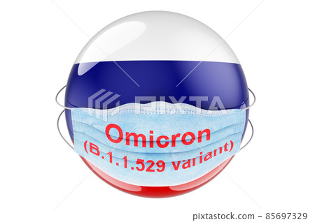 Omicron Covid-19 variant B.1.1.529 in Russia, concept. Russian flag with medical mask. 3D rendering Omicron Covid-19 variant B.1.1.529 in Russia, concept. Russian flag with medical mask. 3D rendering 85697329