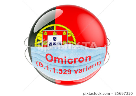 Omicron Covid-19 variant B.1.1.529 in Portugal, concept. Portuguese flag with medical mask. 3D rendering 85697330