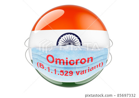Omicron Covid-19 variant B.1.1.529 in India, concept. Indian flag with medical mask. 3D rendering Omicron Covid-19 variant B.1.1.529 in India, concept. Indian flag with medical mask. 3D rendering 85697332