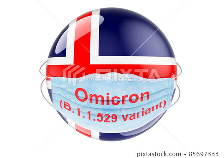 Omicron Covid-19 variant B.1.1.529 in Iceland, concept. Icelandic flag with medical mask. 3D rendering Omicron Covid-19 variant B.1.1.529 in Iceland, concept. Icelandic flag with medical mask. 3D rendering 85697333