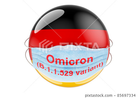 Omicron Covid-19 variant B.1.1.529 in Germany, concept. German flag with medical mask. 3D rendering Omicron Covid-19 variant B.1.1.529 in Germany, concept. German flag with medical mask. 3D rendering 85697334