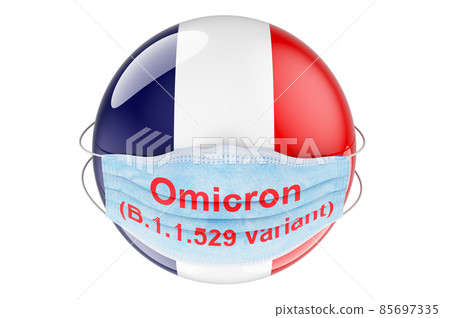 Omicron Covid-19 variant B.1.1.529 in France, concept. French flag with medical mask. 3D rendering Omicron Covid-19 variant B.1.1.529 in France, concept. French flag with medical mask. 3D rendering 85697335