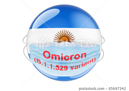 Omicron Covid-19 variant B.1.1.529 in Argentina, concept. Argentinean flag with medical mask. 3D rendering 85697342