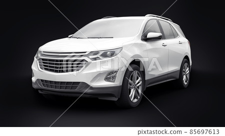 White mid-size city SUV for a family on a black background. 3d rendering. White mid-size city SUV for a family on a black background. 3d rendering. 85697613