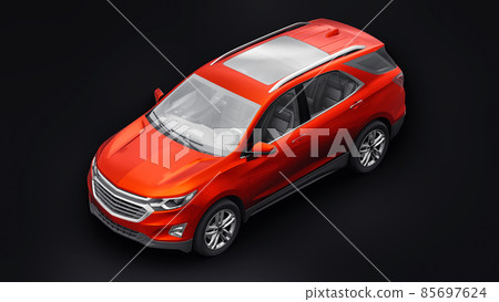 Red mid-size city SUV for a family on a black background. 3d rendering. Red mid-size city SUV for a family on a black background. 3d rendering. 85697624