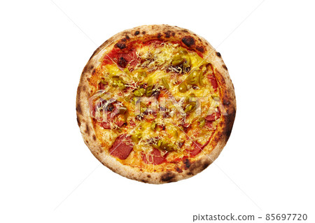 Top view of vegan pizza with soy sausage, pickled jalapeno and mozzarella isolated on white 85697720