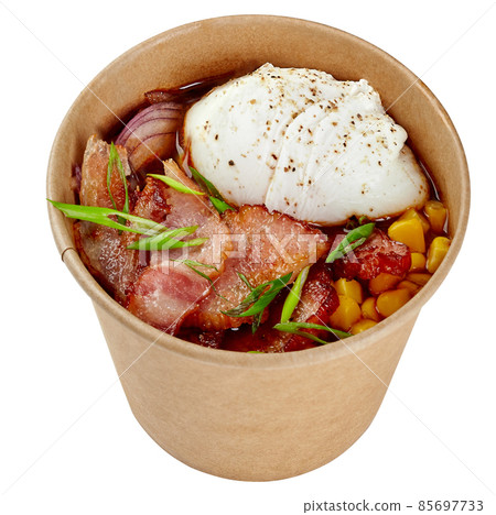 Birria ramen, noodle soup with beef, bacon, poached egg, corn, onions, greens Birria ramen, noodle soup with beef, bacon, poached egg, corn, onions, greens 85697733