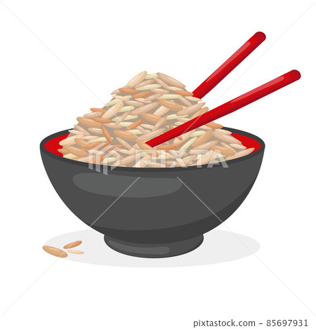 Rice bowl with chopsticks. Vector stock illustration isolated on white background for packaging, menu design Asian cuisine. Realistic traditional dish in cartoon style. EPS10 Rice bowl with chopsticks. Vector stock illustration isolated on white background for packaging, menu design Asian cuisine. Realistic traditional dish in cartoon style. EPS10 85697931