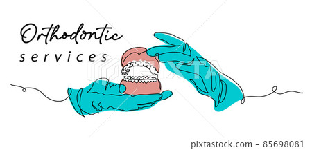 Orthodontic services office banner, poster, background. Tooth model with orthodontic braces and hand in medical gloves. One continuous line art drawing Orthodontic services office banner, poster, background. Tooth model with orthodontic braces and hand in medical gloves. One continuous line art drawing 85698081