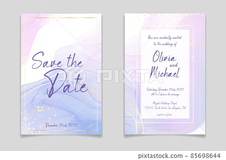 Purple rose and lavender liquid marble background with gold stripes and glitter dust. Pastel pink violet watercolor drawing effect. Vector illustration backdrop with gold splatter for wedding invite 85698644