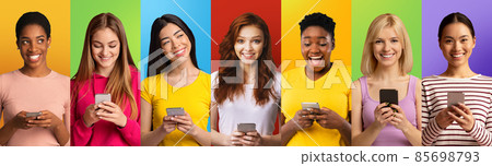 Collage of diverse ladies using smartphones texting and browsing internet over various colored backgrounds Collage of diverse ladies using smartphones texting and browsing internet over various colored backgrounds 85698793