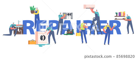 Repairer Concept. Repair Service, Electrician, Plumber Call Master Work. Handyman Master Male Characters in Uniform Work 85698820