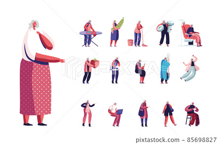 Set of Senior Female Characters Lifestyle. Grey Haired Woman Ironing Clothes, Mop Floor, Healthy Food and Blood Donation Set of Senior Female Characters Lifestyle. Grey Haired Woman Ironing Clothes, Mop Floor, Healthy Food and Blood Donation 85698827