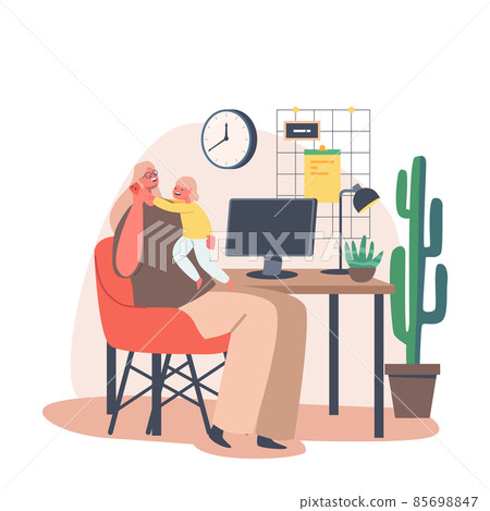 Young Mother Character Work on PC with Daughter on Hands. Multitasking Business Woman Remote Work from Home 85698847