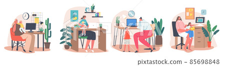 Maternity and Career Concept. Business Mom Working at Home. Mother with Kids Sitting at Desk Working on Computers 85698848