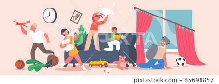 Naughty Hyperactive Children Fighting. Girls and Boys Playing, Making Mess in Room. Kids Fooling and Fight on Pillows 85698857
