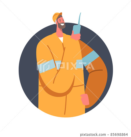 Quarry Miner Character at Work, Coal Mining Industry Concept. Mine Worker in Uniform and Helmet Holding Walkie-Talkie 85698864